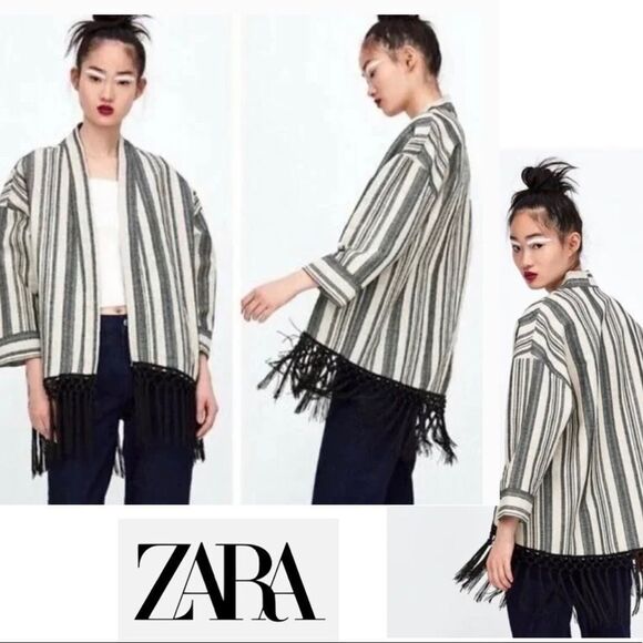 Zara Ecru Fringe Striped Kimono Jacket gray cream Sz M - Picture 1 of 12